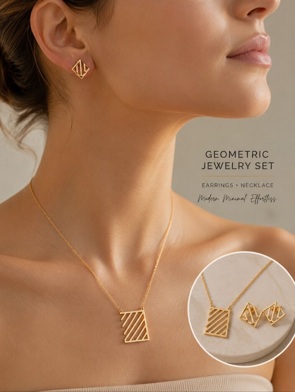Set Gold Geometric Bar Pendant Necklace And Earrings